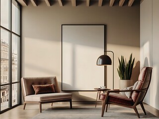 a room with a large white frame and chairs.
