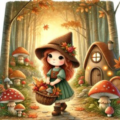 Cartoon girl in green dress and wide brown hat holding basket of autumn leaves and mushrooms walking on forest path near mushroom house.