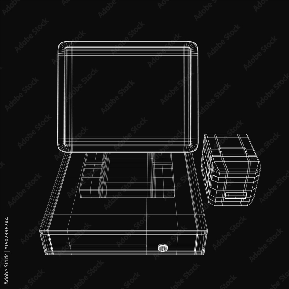 Poster a 3d wireframe model of a tablet computer with a cash machine box on top, displayed on a dark backgr