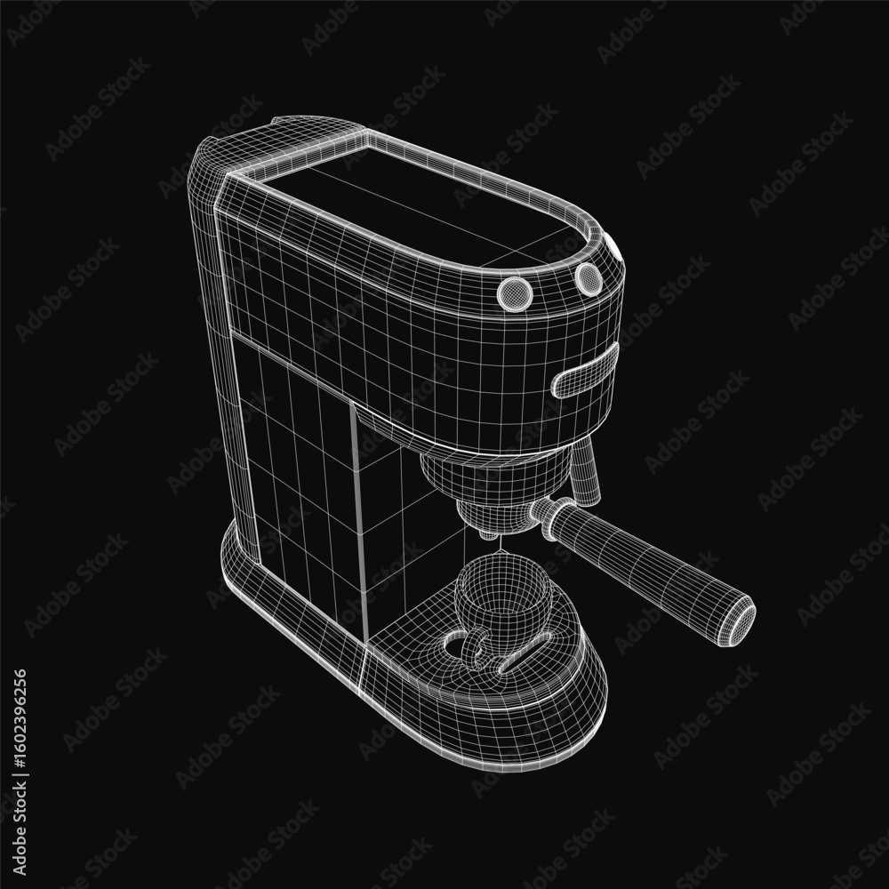 Poster a 3d wireframe model of a coffee maker features intricate lines and curves on a black background. th