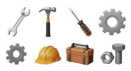 Illustration showing a wrench hammer screwdriver gears helmet toolbox and bolt isolated on white