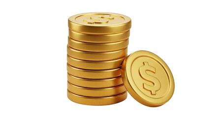 A stack of shiny gold coins with dollar signs on them and a single coin next to the stack isolated