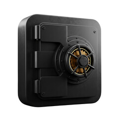 A close up of a dark metal safe with a combination lock and visible gears inside the locking mechanism