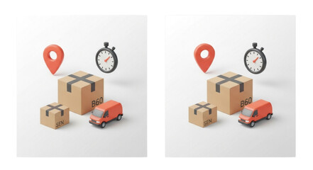 Depicts delivery scene with boxes, van, location pin, and clock representing timely service concept