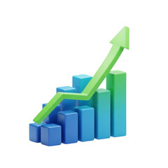 A 3d rendering of a bar graph with blue and green columns and a green arrow pointing upwards trending