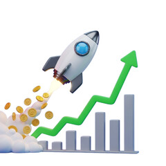 Rocket launching with coins and a rising graph depicting growth and financial success concept