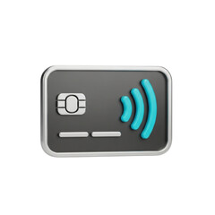 A close up view of a gray credit card with a chip and turquoise wireless payment symbol on the right
