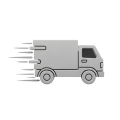 Illustration of a gray delivery truck with motion lines indicating speed on a white background view