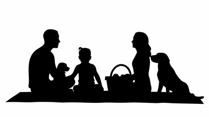 Silhouette of a family enjoying a picnic with their two dogs and a basket filled with food on a blanket