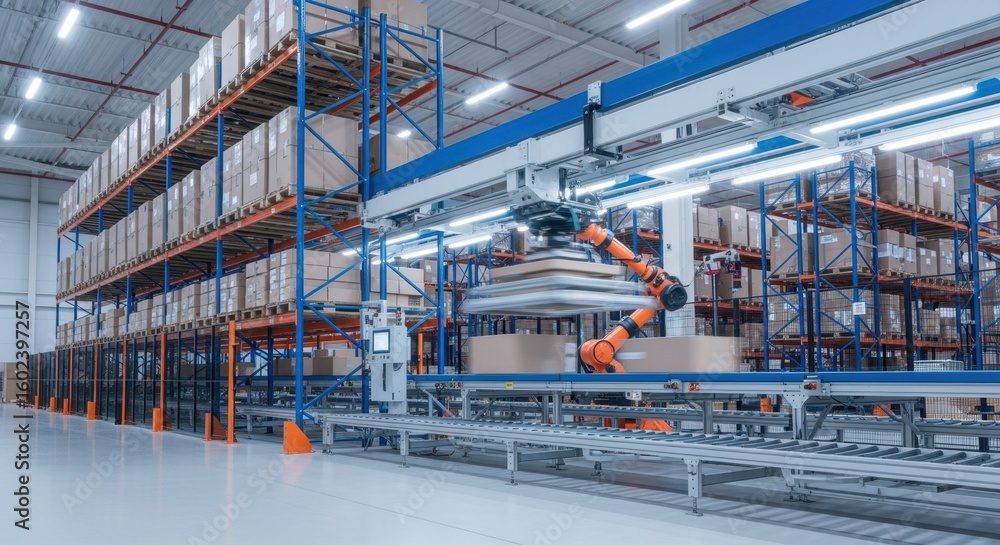 Aufkleber warehouse automation system loading shipments onto high racks.