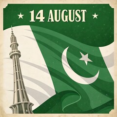 Pakistan independence day celebration with national flag and minar e pakistan landmark