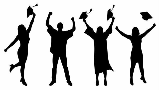 Silhouettes of four graduating students celebrating by throwing their caps in the air with excitement