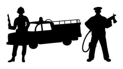 Silhouette of two police officers with guns and a police car in a black and white vector graphic art