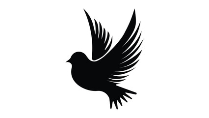 Elegant black bird silhouette in flight, a stylized peace dove icon with spread wings. Minimal vector graphic symbol for freedom and hope.