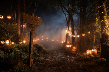 A spooky forest trail illuminated with jack-o'-lanterns, fog drifting between trees, wooden signpost pointing to haunted attractions, nighttime scene