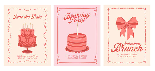 Happy birthday card set. Trendy Coquette greeting cards with tired birthday cake gift. Cute and elegant vector illustration templates in simple style