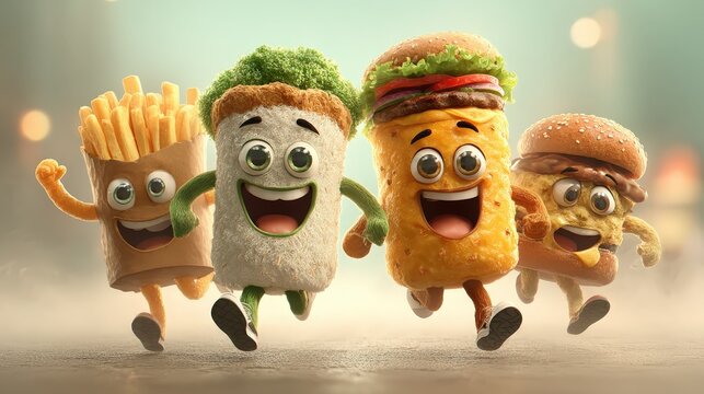 Fun Food Squad: Cartoon Fast Food Characters on the Go in the City - Powered by Adobe