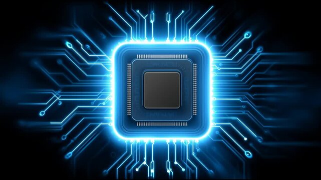 A Futuristic Microchip Surrounded by Blue Luminescence: Exploring Symbolism of Advanced Technology and Circuitry in a Digital Age