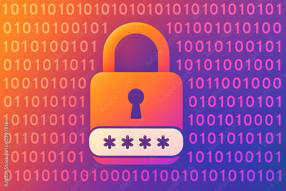 Poster digital security lock: a secure padlock is showcased against a backdrop of binary code and a gradien