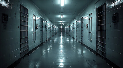 Dimly lit prison corridor with cells on either side