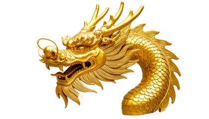 A golden dragon head sculpture, with a fantasy shape and fine texture, full of mysterious artistic sense, art / decoration material image isolated on solid white background Png