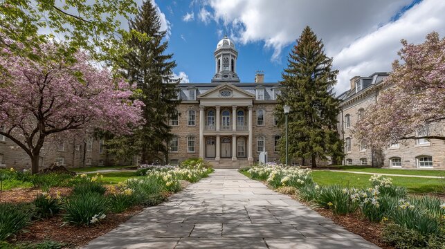 Historic old main building at penn state in spring, state college pa