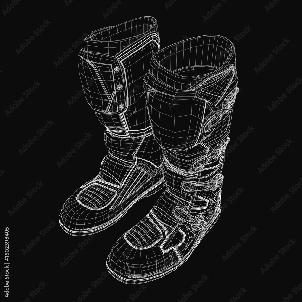 Poster motorcycle boots in 3d model showcase realistic texture and detailed wireframe structure on a sleek 