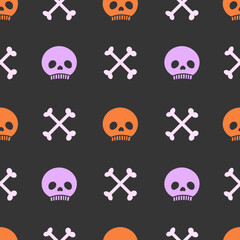 Skulls and Crossbones Seamless Pattern. Bold Halloween background with bones in trendy colors. Ideal for spooky party goods and seasonal projects.