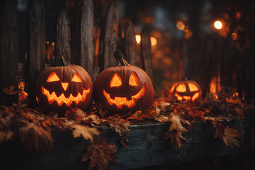Obraz premium Detailed close-up of carved pumpkin faces glowing with candles inside, set against a dark wooden fence and scattered dried maple leaves
