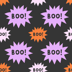 Boo Speech Bubble Seamless Pattern. Playful Halloween Background with Spooky Word in colorful exploding frames for party prints and fun seasonal branding.