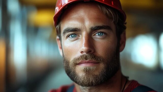 Confident Construction Worker: A focused construction worker, his gaze unwavering, sporting a red helmet and a warm, inviting demeanor, suggesting competence and reliability.