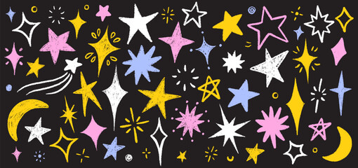Hand-drawn crayon stars and pastel doodles - childish chalk texture elements for school projects, stickers, or kid s illustrations.
