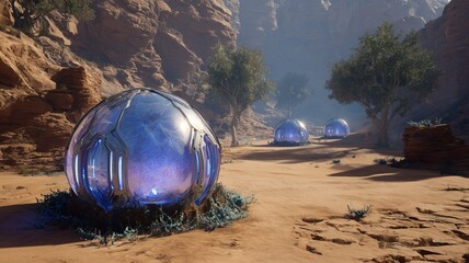 Data sanctuary surrounded by sentient firewall orbs and automated ground turrets in a desert landscape