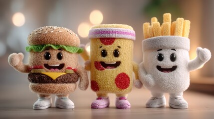 Obraz premium Cartoon Fast Food : Burger, Pizza & Fries Characters Together