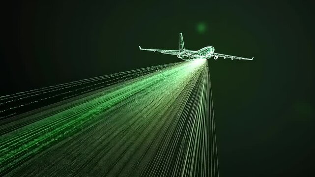 Futuristic airplane emitting digital data streams in a dark background, symbolizing technology and innovation