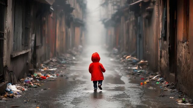 A Sole Journey: A solitary child in a red coat traverses a somber alleyway. The somber scene speaks of isolation and uncertainty amidst the decay and neglect of the surroundings.