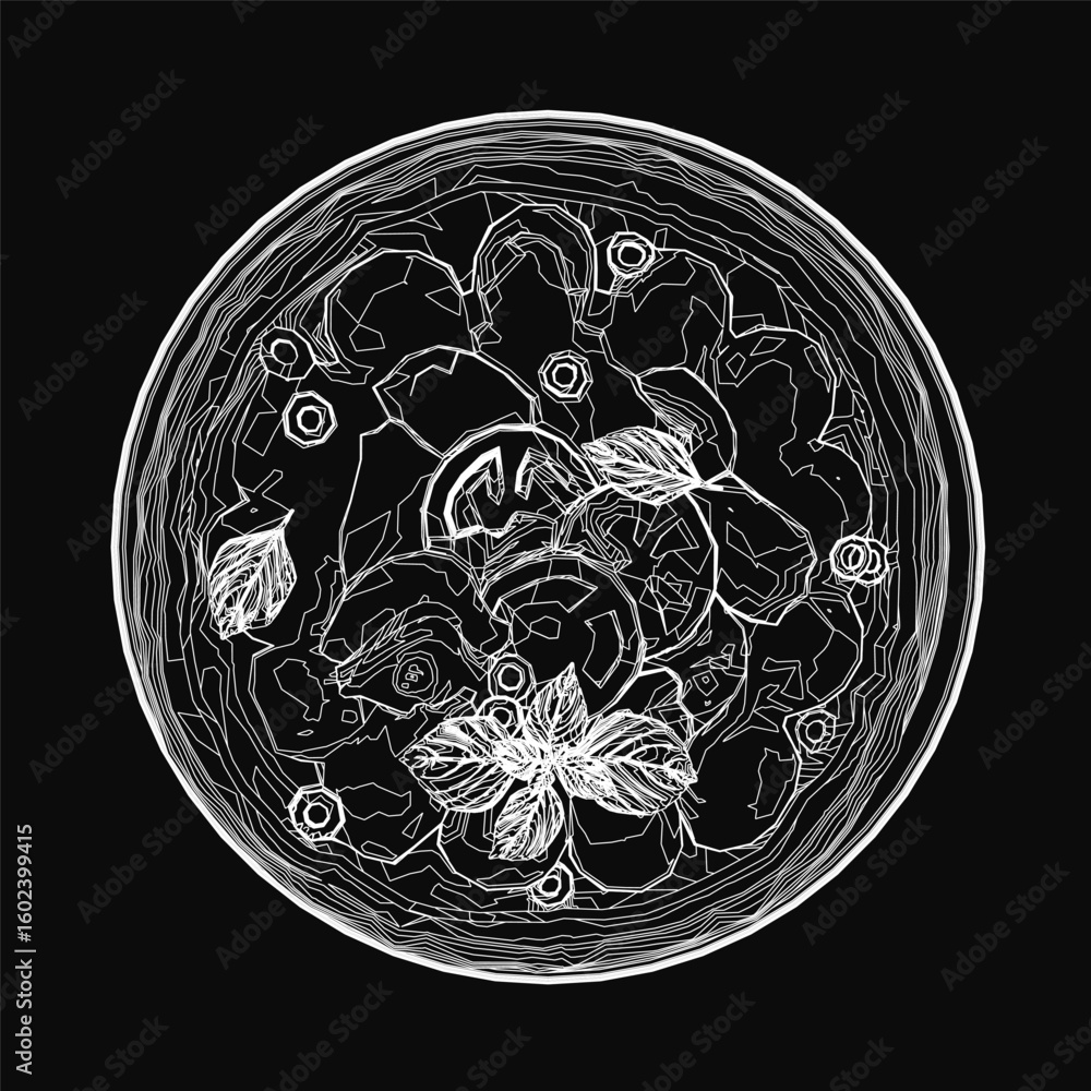 Poster a black and white contour drawing of a pizza slice stands out against a dark background with bold co