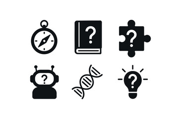 solid icon isolated curiosity pathfinder compass curiosity research journal curiosity puzzle piece curiosity AI chatbot curiosity DNA double heli curiosity y beacon