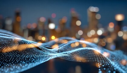 Futuristic smart cityscape featuring advanced technology, digital networks, and urban innovation.