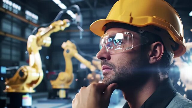 Engineer In Yellow Hard Hat Inspecting Automated Robotic Arms At Manufacturing Plant Indoors with Blue Lighting