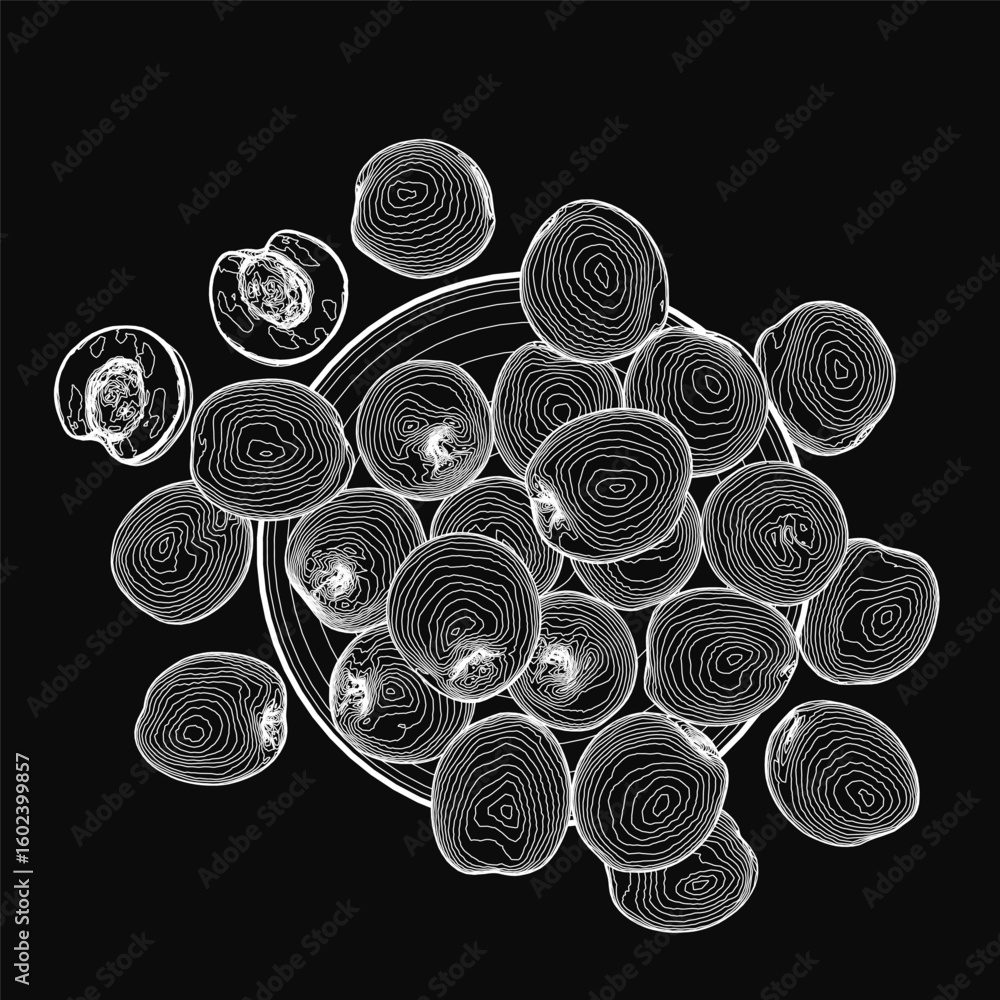 Poster black and white illustration of abstract circles resembling nectarine contours on a dark background.