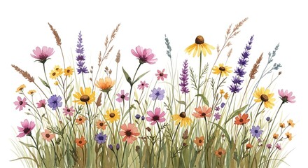 Watercolor painting shows colorful wildflowers and grass swaying gently against a white background