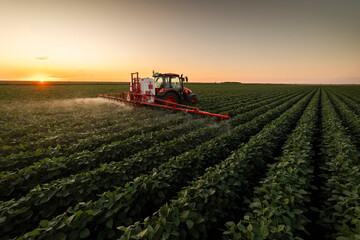 Tractor spraying crops in a lush green field at sunset.