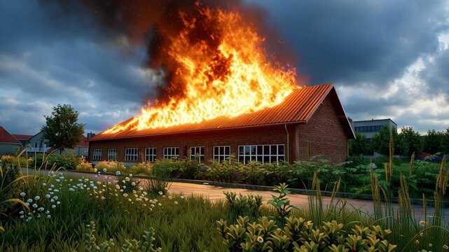 Realistic Virtual Fire Training Simulation Building Engulfed in Flames, Emergency Response Scenarios with Dramatic Effects and Surrounding Greenery