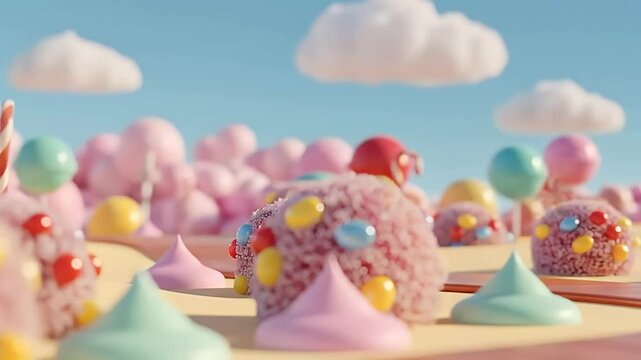 Close-up candy land background with caramel path and pastel clouds for fantasy video scenes