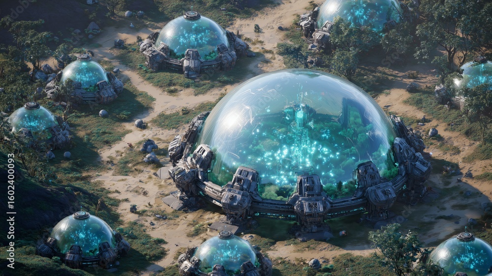 Poster data sanctuary secured by sentient firewall orb with ground turrets protecting digital assets and ai