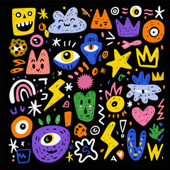 Colorful vector illustration in a hand-drawn doodle style features quirky shapes, faces, stars, crowns, rainbows, and eyes. Bright pink, yellow, orange, green, and blue pop against black.