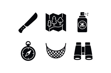 solid icon isolated jungle machete tool jungle canopy map jungle insect repellent spray jungle field compass jungle hammock net jungle binoculars