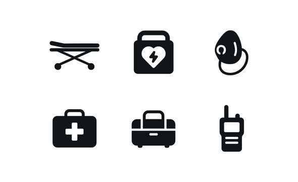 solid icon isolated paedic ambulance stretcher paedic defibrillator paedic oyn mask paedic first aid kit paedic trauma bag paedic radio handset
