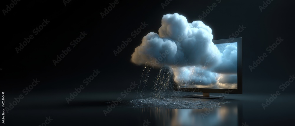 Poster digital weather system displaying clouds and rain on smart tv